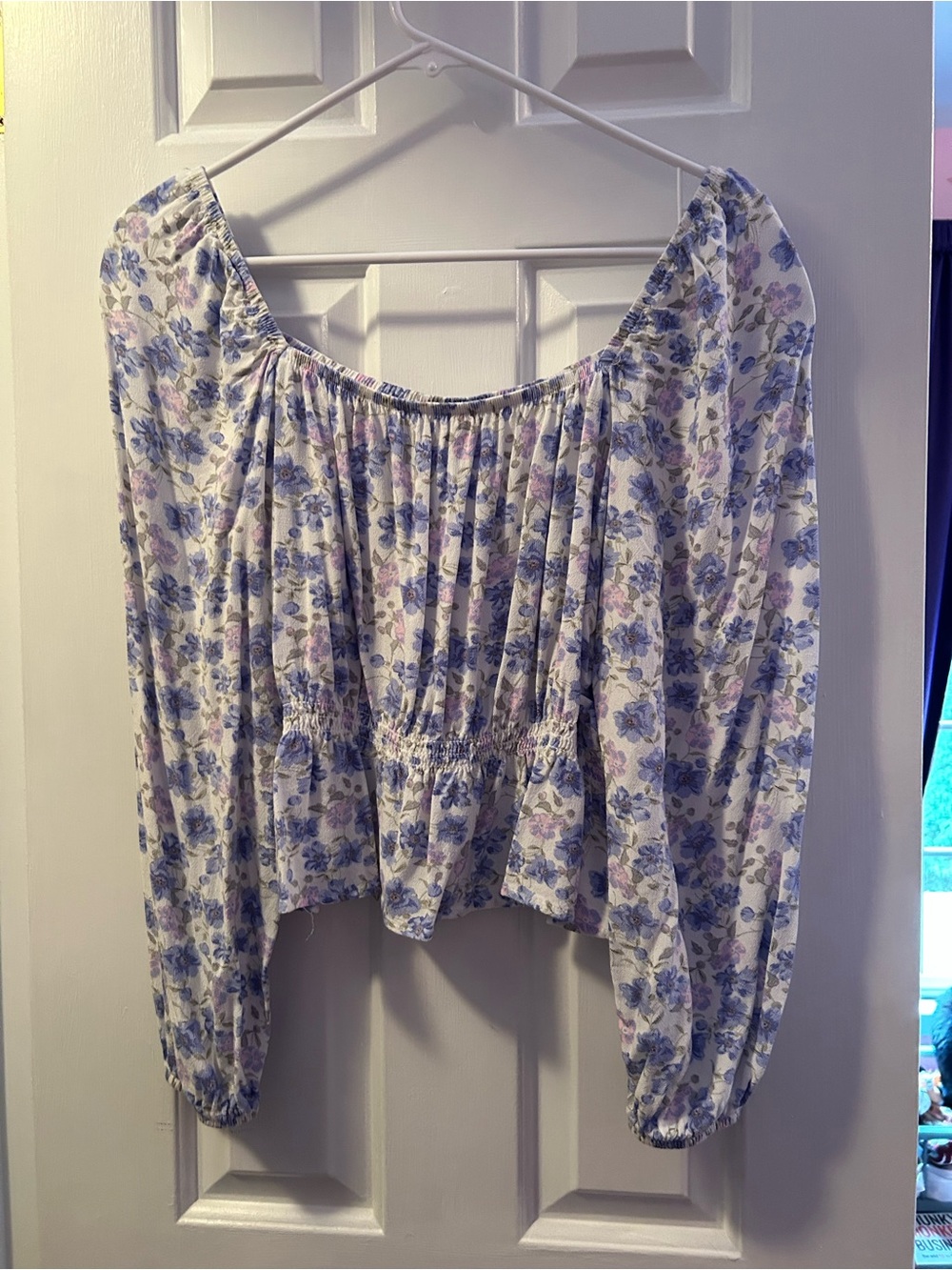 Floral Cropped Peasant Blouse in White with Blue & Lavender Bloom